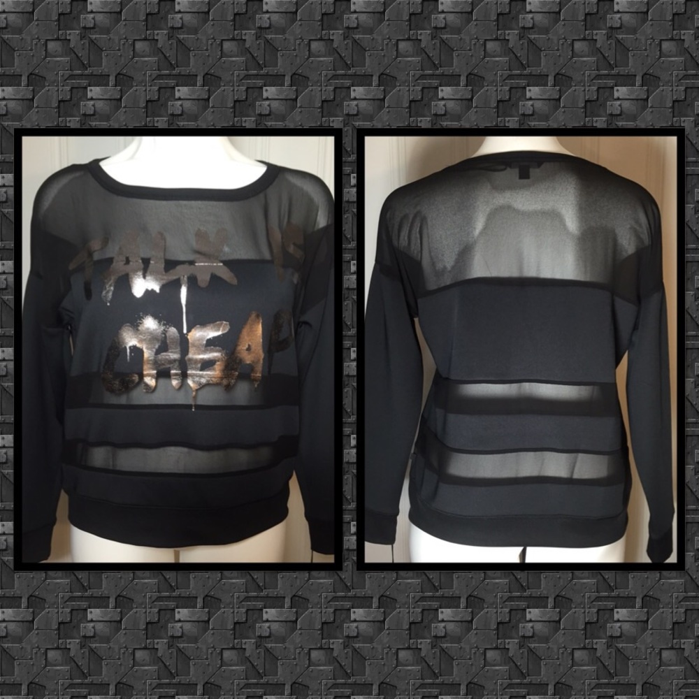 Rock & Republic Black "Talk is Cheap" Mesh Sweatshirt with Silver Writing -Large - Picture 2 of 4